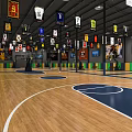 Basketball Gym Featuring Wooden Flooring Blue Court Hanging Banners Hoops Posters Green Yellow Wall Decor