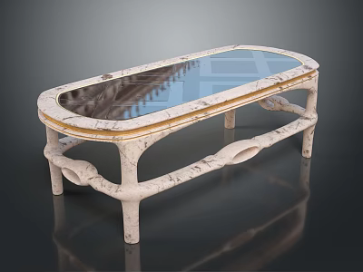Elegant Oval Coffee Table With Glass Top Marble Frame And Gold Accents Unique Leg Structure 3d model