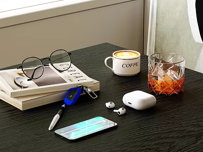Decorative Ornament Combination on Table with Glasses Books Coffee Mug Pen and Wireless Earbuds 3d model