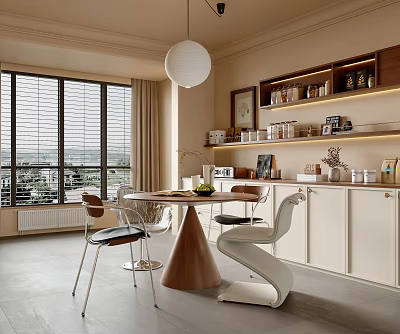 Modern Restaurant Interior with Window Blinds City View Round Table White Cabinets Shelves Pendant Light 3d model