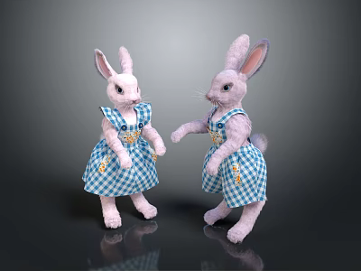 Adorable Stuffed Rabbit Dolls Wearing Blue And White Checkered Dresses Standing On Black Reflective Surface 3d model