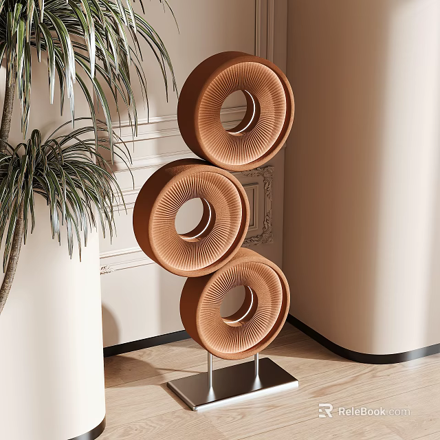 Modern Brown Floor Lamp With Three Circular Ring Design And Leather Finish In Indoor Space 3d model 