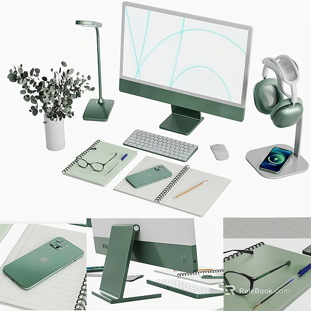 Modern Desktop Computer Setup With Monitor Keyboard Mouse Headphones Phone Stand Notebooks And Green Plant 3d model 
