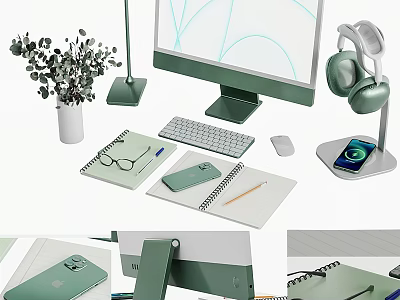 Modern Desktop Computer Setup With Monitor Keyboard Mouse Headphones Phone Stand Notebooks And Green Plant 3d model