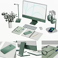Modern Desktop Computer Setup With Monitor Keyboard Mouse Headphones Phone Stand Notebooks And Green Plant