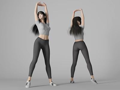 Long Haired Woman In Gray Top And Black Leggings Stretching Arms Raised Front Back View 3d model
