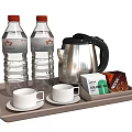 Refreshing Beverage Set with Mineral Water Bottles Electric Kettle Cups and Tea Bags on Tray