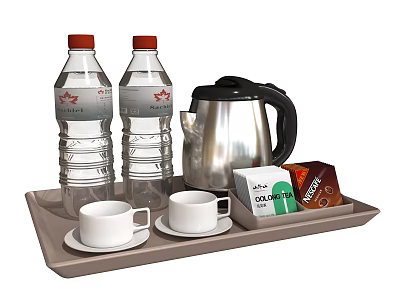 Refreshing Beverage Set with Mineral Water Bottles Electric Kettle Cups and Tea Bags on Tray 3d model