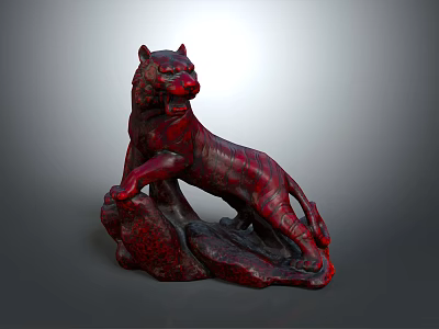Artistic Red Detailed Carved Tiger Statue As Decorative Home Furniture Ornament 3d model