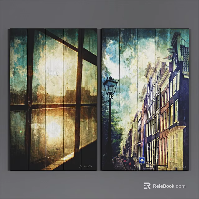 Wooden Framed Wall Art Prints With Window Sunlight And Street Lamp Buildings 3d model 