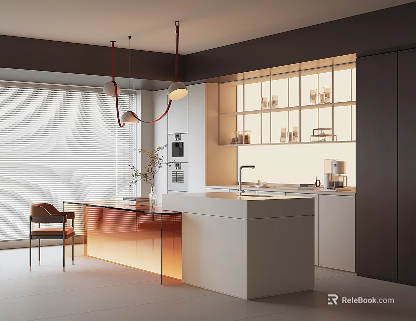 Modern Open Kitchen Interior Design With White Countertop Pendant Lights And Island 3d model 