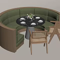 Round Green Sectional Sofa with Wooden Frame Rattan Dining Chairs and Marble Tabletop