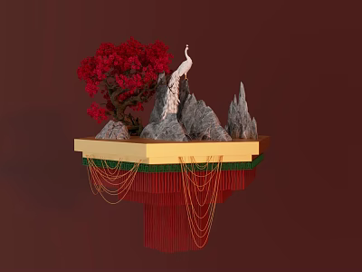 Chinese-style rockery peacock small view cherry tree 3d model