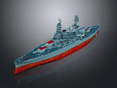 Gray Warship 3D Model With Red Bottom Turret And Superstructure Exterior 3d model