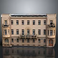 Multi Story Building Model With Beige Exterior Dark Roof Decorative Balconies And Windows
