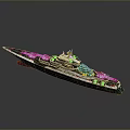 3D Warship Model with Detailed Deck Structure Green Red Accents and Gray Background Rendering 3d model