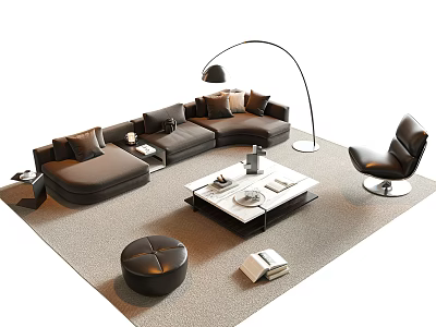 Modern Black L shaped Sofa and Coffee Table Set with Floor Lamp Armchair Ottoman 3d model