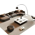 Modern Black L shaped Sofa and Coffee Table Set with Floor Lamp Armchair Ottoman