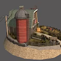 Traditional Farm Barn With Red Silo Windmill And Hay Bales Tractor