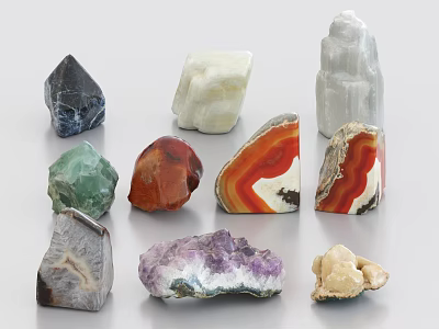 Various Natural Stones And Wood Pieces Featuring Different Colors Shapes And Textures 3d model
