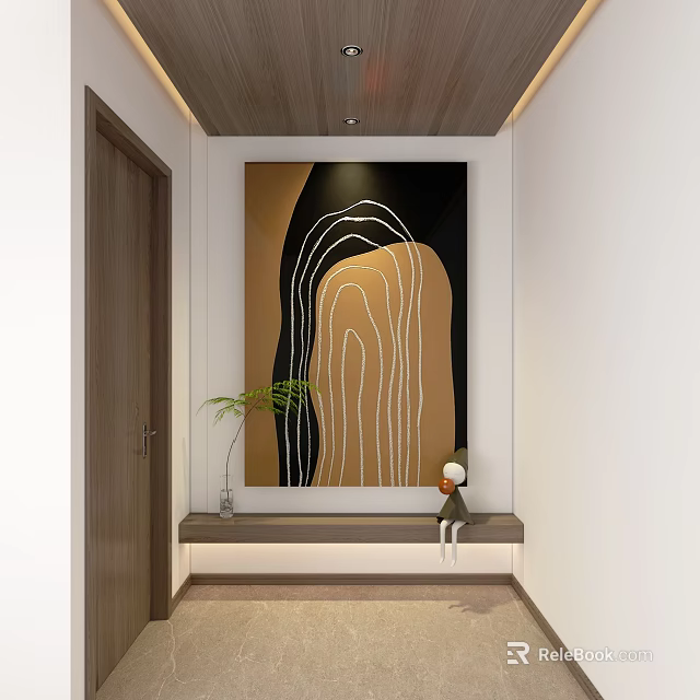 Abstract Painting With Black Gold Background White Curved Lines In Hallway Green Plant And Doll 3d model 