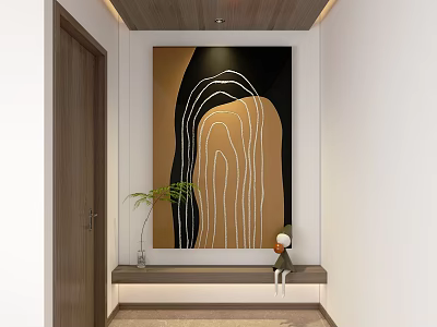Abstract Painting With Black Gold Background White Curved Lines In Hallway Green Plant And Doll 3d model