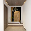 Abstract Painting With Black Gold Background White Curved Lines In Hallway Green Plant And Doll