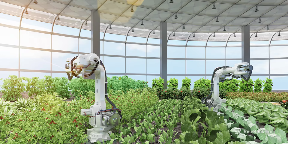 Cartoon Scene of Robotic Arms Growing Vegetables in Greenhouse With Plants and Glass Roof 3d model 