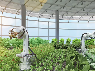 Cartoon Scene of Robotic Arms Growing Vegetables in Greenhouse With Plants and Glass Roof 3d model