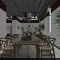 Chinese Style Restaurant Interior With Wooden Tables Chairs Chandelier Green Plants And Decorative Painting