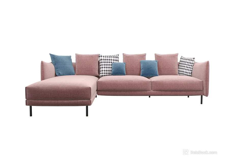 Pink Sectional Sofa with Mixed Patterned Solid Color Pillows and Modern Black Metal Legs 3d model