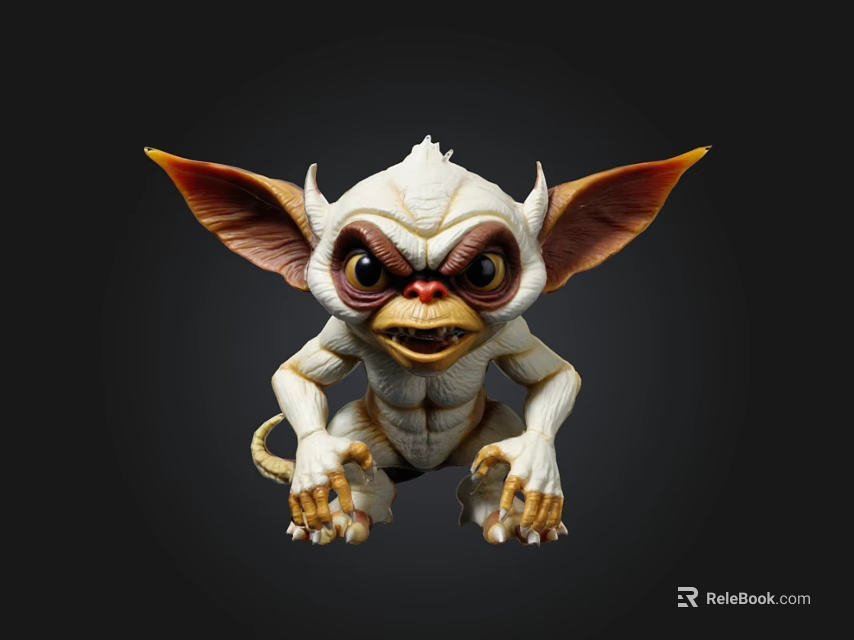 3D Render Of White Mythical Creature With Large Ears Big Eyes Sharp Teeth And Claws 3d model
