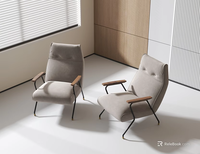Light Gray Accent Chairs With Wooden Armrests And Metal Legs In Modern Interior 3d model 
