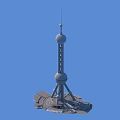 Shanghai Oriental Pearl Tower with Red Spheres Slender Structure and Green Lawn Plaza