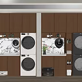 Built in White and Black Washing Machines in Wooden Cabinet Laundry Room with Storage Shelves