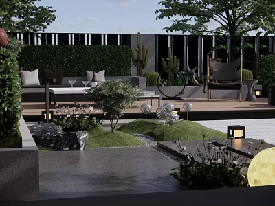 Tranquil Garden Landscape Design With Outdoor Seating Lush Greenery Lanterns And Moonlit Ambiance 3d model