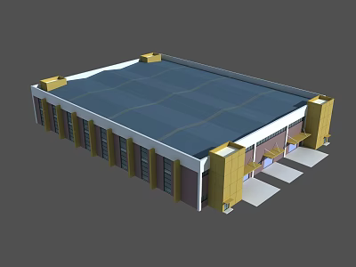 Modern Industrial Warehouse Building With Blue Roof Yellow Accents Windows And Entrance Area 3d model