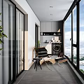 Modern Bedroom Interior With Wooden Accents Striped Wallpaper Upholstered Bed Table Lamp And Potted Plant