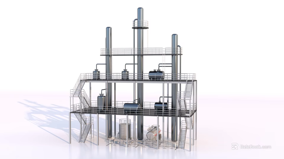 Industrial Processing Equipment Featuring Multiple Towers Pipes Platforms Stairs And Metal Vessels 3d model 