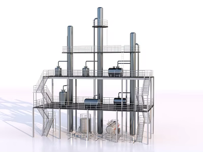 Industrial Processing Equipment Featuring Multiple Towers Pipes Platforms Stairs And Metal Vessels 3d model