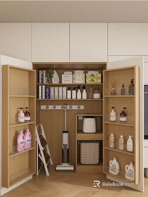 Wooden Kitchen Storage Cabinet With Open Shelves Holding Bottles And Appliances 3d model 