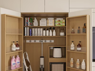 Wooden Kitchen Storage Cabinet With Open Shelves Holding Bottles And Appliances 3d model