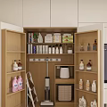 Wooden Kitchen Storage Cabinet With Open Shelves Holding Bottles And Appliances