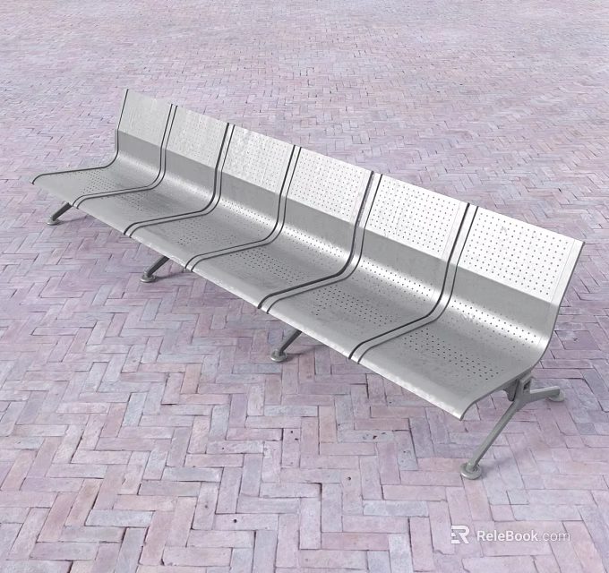 Stainless Steel Perforated Public Bench with Multiple Seats on Brick Pavement 3d model 
