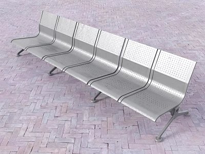 Stainless Steel Perforated Public Bench with Multiple Seats on Brick Pavement 3d model