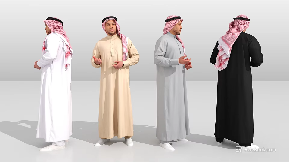 Men In Traditional Various Colored Robes With Pink And White Headscarves 3d model 