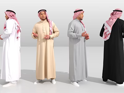 Men In Traditional Various Colored Robes With Pink And White Headscarves 3d model