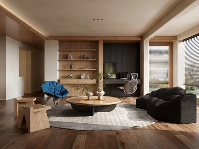 Modern Living Room With Wooden Bookshelves Blue Chair Black Sofa And Round Coffee Table 3d model