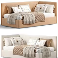 Soft Upholstered Children's Bed With Cartoon Pattern Pillows And Cozy Beige Blanket