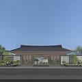 Chinese Style Residential Building With Traditional Roof Entrance And Green Plants Courtyard